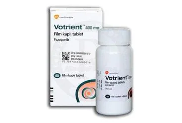 Pazopanib içeren tablet: VOTRIENT 400 MG 60 TABLET ambalajı. Üretici: NOVARTİS SAĞLIK GIDA VE TARIM ÜRÜNLERİ SANAYİ VE TİCARET ANONİM ŞİRKETİ.