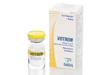 Palonosetron içeren çözelti: VOTRON 250 MCG/5 ML ENJEKSIYONLUK COZELTI ICEREN FLAKON ambalajı. Üretici: BİEM İLAÇ SAN. VE TİC. A.Ş.