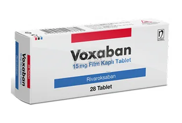 VOXABAN 15 MG FİLM KAPLI TABLET, 42 ADET kutusu. Rivaroksaban içeren film kaplı tablet. Üretici: NOBEL İLAÇ SAN. VE TİC. A.Ş.