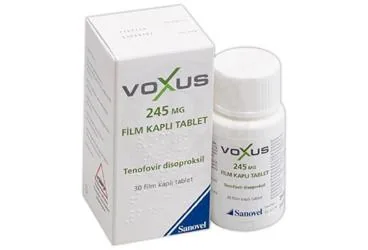 VOXUS 245 MG 30 FILM KAPLI TABLET ürün ambalajı. Tenofovir disoproksil içeren film kaplı tablet. Üretici: SANOVEL İLAÇ SANAYİ VE TİCARET ANONİM ŞİRKETİ.
