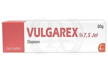 VULGAREX %7,5 JEL (30 G) kutu fotoğrafı, jel formunda dapson içerir. Üretici: FARMA-TEK İLAÇ SANAYİ VE TİCARET A.Ş.