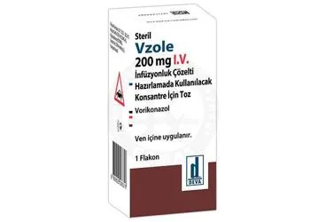 VZOLE 200 MG IV INFUZYONLUK COZELTI HAZIRLAMADA KULLANILACAK KONSANTRE ICIN TOZ (1 ADET) kutu fotoğrafı. Vorikonazol içeren çözelti. Üretici: DEVA HOLDİNG ANONİM ŞİRKETİ.