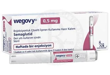 WEGOVY 0.5 MG ENJEKSIYONLUK COZELTI IÇEREN KULLANIMA HAZIR KALEM (1 KALEM) ürün ambalajı. Semaglutid içeren çözelti. Üretici: NOVO NORDISK SAĞLIK ÜRÜNLERİ TİCARET LİMİTED ŞİRKETİ.