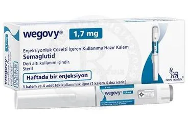 Semaglutid içeren çözelti: WEGOVY 1,7 MG ENJEKSIYONLUK COZELTI IÇEREN KULLANIMA HAZIR KALEM (1 KALEM) kutu fotoğrafı. Üretici: NOVO NORDISK SAĞLIK ÜRÜNLERİ TİCARET LİMİTED ŞİRKETİ.