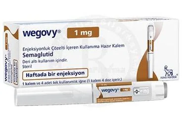 Semaglutid içeren çözelti: WEGOVY 1 MG ENJEKSIYONLUK COZELTI IÇEREN KULLANIMA HAZIR KALEM (1 KALEM) kutusu. Üretici: NOVO NORDISK SAĞLIK ÜRÜNLERİ TİCARET LİMİTED ŞİRKETİ.