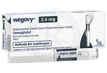 Semaglutid içeren çözelti: WEGOVY 2,4 MG ENJEKSIYONLUK COZELTI IÇEREN KULLANIMA HAZIR KALEM (1 KALEM) ambalajı. Üretici: NOVO NORDISK SAĞLIK ÜRÜNLERİ TİCARET LİMİTED ŞİRKETİ.