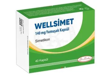 WELLSIMET 140 MG YUMUSAK KAPSUL (40 KAPSUL) kutu fotoğrafı, yumuşak kapsül formunda simetikon içerir. Üretici: DR. SERTUS İLAÇ SAN. VE TİC. LTD. ŞTİ.
