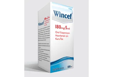 WINCEF 180 MG/5 ML ORAL SUSPANSIYON HAZIRLAMAK ICIN KURU TOZ 100 ML ambalajı. Seftibuten içeren oral süspansiyon. Üretici: CELTİS İLAÇ SANAYİ VE TİCARET ANONİM ŞİRKETİ.