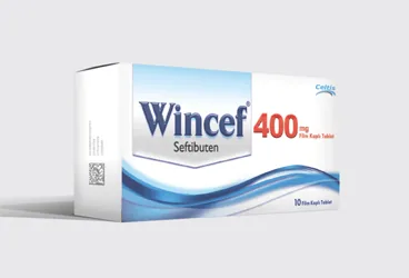 Seftibuten içeren film kaplı tablet: WINCEF 400 MG 10 FILM KAPLI TABLET kutusu. Üretici: CELTİS İLAÇ SANAYİ VE TİCARET ANONİM ŞİRKETİ.