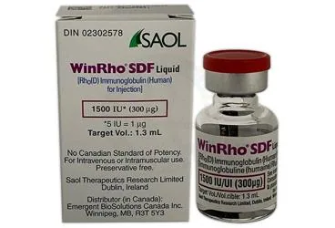 Anti rh immunglobulin içeren çözelti: WINRHO SDF 1500 IU (300 MCG)/1,3 ML IV/IM ENJEKSIYONLUK COZELTI ambalajı. Üretici: RA İLAÇ SANAYİ VE TİCARET A.Ş.
