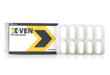 X-VEN 500 MG 60 KAPSUL ürün ambalajı. Dobesilat kalsiyum içeren kapsül. Üretici: BERKO İLAÇ VE KİMYA SAN. A.Ş.