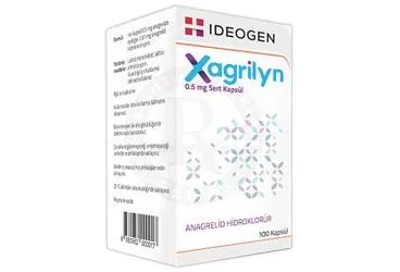 XAGRILYN 0,5 MG SERT KAPSUL ambalajı. Anagrelid içeren kapsül. Üretici: IDEOGEN İLAÇ SANAYİ ANONİM ŞİRKETİ.