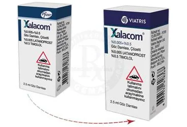 XALACOM 50MCG/6,83MG 2,5 ML GÖZ DAMLASI kutusu. Timolol maleat + latanoprost içeren göz damlası. Üretici: VİATRİS İLAÇLARI LİMİTED ŞİRKETİ.