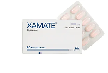XAMATE 100 MG 60 FİLM KAPLI TABLET ambalajı. Topiramat içeren film kaplı tablet. Üretici: GENVEON İLAÇ SANAYİ VE TİCARET ANONİM ŞİRKETİ.