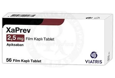 XAPREV 2,5 MG FILM KAPLI TABLET (56 TABLET) ambalajı, film kaplı tablet formunda apiksaban içerir. Üretici: VİATRİS İLAÇLARI LİMİTED ŞİRKETİ.