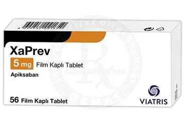 XAPREV 5 MG FILM KAPLI TABLET (56 TABLET) ambalajı, film kaplı tablet formunda apiksaban içerir. Üretici: VİATRİS İLAÇLARI LİMİTED ŞİRKETİ.