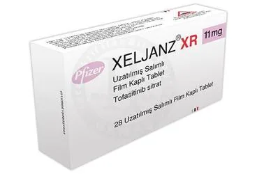 Tofasitinib içeren film kaplı tablet: XELJANZ XR 11 MG UZATILMIŞ SALIMLI FILM KAPLI TABLET (28 TABLET) kutu fotoğrafı. Üretici: PFİZER PFE İLAÇLARI ANONİM ŞİRKETİ.