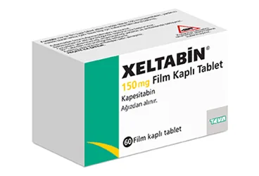 XELTABIN 150 MG 60 FILM KAPLI TABLET ambalajı. Kapesitabin içeren film kaplı tablet. Üretici: TEVA İLAÇLARI SANAYİ VE TİCARET A.Ş.