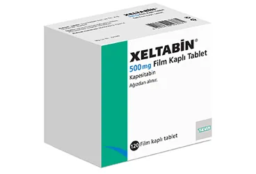 Kapesitabin içeren film kaplı tablet: XELTABIN 500 MG 120 FILM KAPLI TABLET ambalajı. Üretici: TEVA İLAÇLARI SANAYİ VE TİCARET A.Ş.