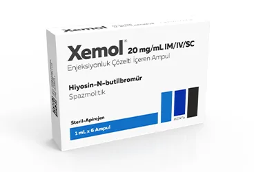 Hiyosin-n-butilbromür içeren çözelti: XEMOL 20 MG/ ML IM/IV/SC ENJEKSIYONLUK COZELTI ürün ambalajı. Üretici: MENTA PHARMA İLAÇ SANAYİ VE TİCARET ANONİM ŞİRKETİ.