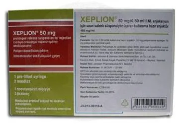 Paliperidon içeren süspansiyon: XEPLION 50 MG/0,50 ML IM ENJEKSIYON ICIN UZUN SALIMLI SUSPANSIYON ürün ambalajı. Üretici: JOHNSON AND JOHNSON SIHHİ MALZEME SANAYİ VE TİCARET LİMİTED ŞİRKETİ.