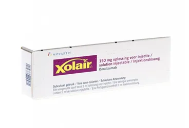 XOLAIR 150 MG ENJELSİYONLUK ÇÖZELTİ ambalajı. Omalizumab içeren çözelti. Üretici: NOVARTİS SAĞLIK GIDA VE TARIM ÜRÜNLERİ SANAYİ VE TİCARET ANONİM ŞİRKETİ.