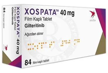 XOSPATA 40 MG FILM KAPLI TABLET (84 TABLET) (gilteritinib) kutusu, film kaplı tablet. Üretici: ASTELLAS PHARMA İLAÇ TİCARET VE SANAYİ ANONİM ŞİRKETİ.