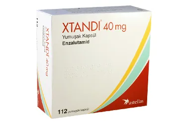 Enzalutamid içeren yumuşak kapsül: XTANDI 40 MG YUMUSAK KAPSUL (112 KAPSUL) ürün ambalajı. Üretici: ASTELLAS PHARMA İLAÇ TİCARET VE SANAYİ ANONİM ŞİRKETİ.