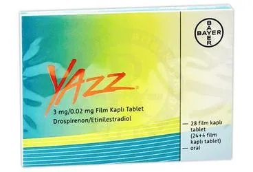 Estradiol + drospirenon içeren film kaplı tablet: YAZZ 3 MG/0.02 MG FILM KAPLI TABLET, 28 (24+4) ADET ürün ambalajı. Üretici: BAYER TÜRK KİMYA SAN. LTD. ŞTİ.