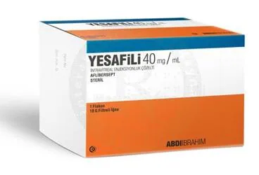 YESAFILI 40 MG/ML INTRAVITREAL ENJEKSIYONLUK COZELTI kutusu, çözelti formunda aflibersept içerir. Üretici: ABDİ İBRAHİM İLAÇ SANAYİ VE TİCARET A.Ş.