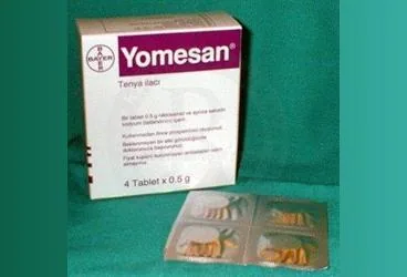 YOMESAN 500 MG 4 TABLET kutusu. Niklozamid içeren tablet. Üretici: BAYER TÜRK KİMYA SAN. LTD. ŞTİ.