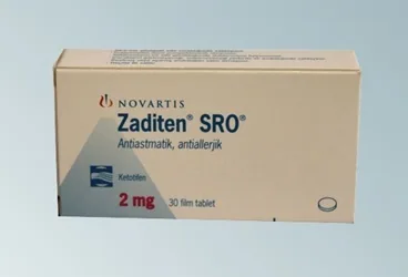 ZADITEN SRO 2 MG 30 FILM TABLET kutu fotoğrafı, film kaplı tablet formunda ketotifen içerir. Üretici: SANDOZ İLAÇ SANAYİ VE TİCARET A.Ş.