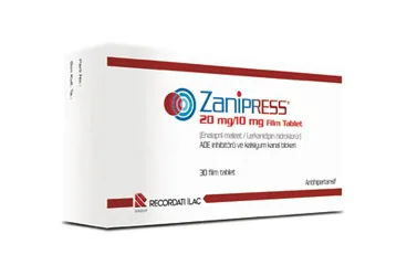 ZANIPRESS 20 MG/10 MG 30 FILM TABLET (enalapril + lerkanidipin) kutusu, film kaplı tablet. Üretici: RECORDATİ İLAÇ SANAYİ VE TİCARET ANONİM ŞİRKETİ.