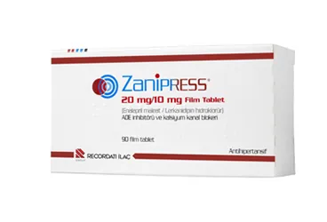 ZANIPRESS 20 MG/10 MG 90 FILM TABLET ürün ambalajı. Enalapril + lerkanidipin içeren film kaplı tablet. Üretici: RECORDATİ İLAÇ SANAYİ VE TİCARET ANONİM ŞİRKETİ.