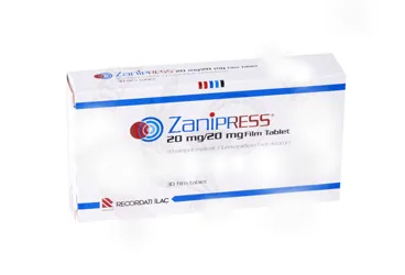 ZANIPRESS 20 MG/20 MG 30 FILM TABLET kutu fotoğrafı, film kaplı tablet formunda enalapril + lerkanidipin içerir. Üretici: RECORDATİ İLAÇ SANAYİ VE TİCARET ANONİM ŞİRKETİ.