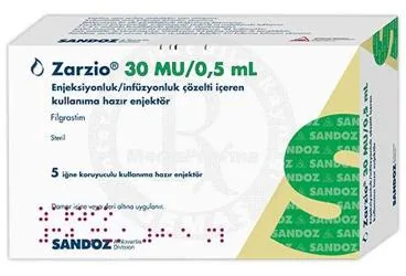 ZARZIO 30 MU/0.5 ML ENJEKSIYONLUK/INFUZYONLUK COZELTI ICEREN KULLANIMA HAZIR ENJEKTOR (5 ENJEKTOR) ambalajı. Filgrastim içeren çözelti. Üretici: SANDOZ İLAÇ SANAYİ VE TİCARET A.Ş.