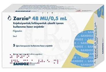 ZARZIO 48 MU/0.5 ML ENJEKSIYONLUK/INFUZYONLUK COZELTI ICEREN KULLANIMA HAZIR ENJEKTOR (5 ENJEKTOR) (filgrastim) kutusu, çözelti. Üretici: SANDOZ İLAÇ SANAYİ VE TİCARET A.Ş.