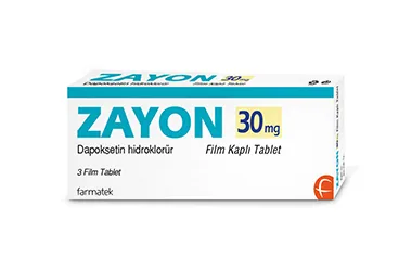 Dapoksetin içeren film kaplı tablet: ZAYON 30 MG FILM KAPLI TABLET (3 TABLET) kutusu. Üretici: FARMA-TEK İLAÇ SANAYİ VE TİCARET A.Ş.