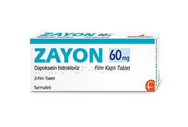 ZAYON 60 MG FILM KAPLI TABLET (3 TABLET) kutu fotoğrafı. Dapoksetin içeren film kaplı tablet. Üretici: FARMA-TEK İLAÇ SANAYİ VE TİCARET A.Ş.