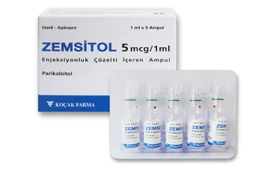 ZEMSITOL 5 MCG/ML ENJEKSIYONLUK COZELTI ICEREN AMPUL 5 AMPUL ürün ambalajı. Parikalsitol içeren çözelti. Üretici: KOÇAK FARMA İLAÇ VE KİMYA SANAYİ A.Ş.