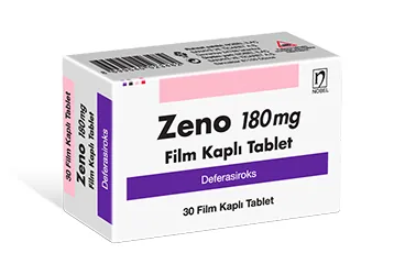 Deferasiroks içeren film kaplı tablet: ZENO 180 MG 30 FILM KAPLI TABLET kutusu. Üretici: NOBEL İLAÇ SAN. VE TİC. A.Ş.