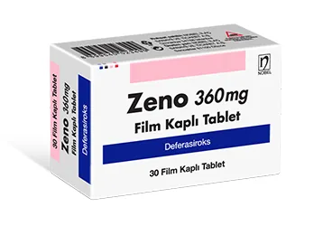 ZENO 360 MG FILM KAPLI TABLET (30 FILM KAPLI TABLET) kutusu, film kaplı tablet formunda deferasiroks içerir. Üretici: NOBEL İLAÇ SAN. VE TİC. A.Ş.