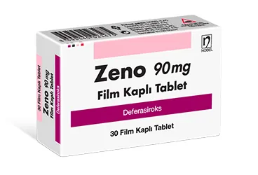 ZENO 90 MG FILM KAPLI TABLET (30 FILM KAPLI TABLET) kutusu, film kaplı tablet formunda deferasiroks içerir. Üretici: NOBEL İLAÇ SAN. VE TİC. A.Ş.