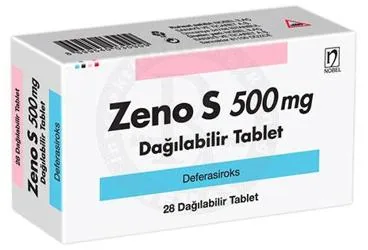 ZENO S 500 MG DAGILABILIR TABLET (28 TABLET) kutusu. Deferasiroks içeren tablet. Üretici: NOBEL İLAÇ SAN. VE TİC. A.Ş.