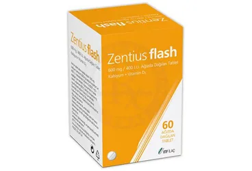 ZENTIUS FLASH 600 MG /400 I.U. AGIZDA DAGILAN TABLET (60 TABLET) ürün ambalajı. Vitamin d, kalsiyum kombinasyonları içeren tablet. Üretici: ITF İLAÇ SANAYİ VE TİCARET LİMİTED ŞİRKETİ.