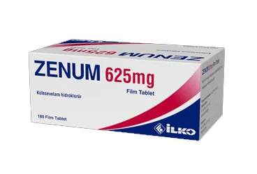 ZENUM 625 MG 180 FILM TABLET kutusu. Kolesevelam içeren film kaplı tablet. Üretici: İLKO İLAÇ SAN. VE TİC. A.Ş.