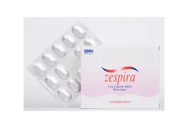 ZESPIRA 4 MG 28 ÇİĞNEME TABLETİ ambalajı. Montelukast sodyum içeren çiğneme tableti. Üretici: BİLİM İLAÇ SANAYİİ VE TİCARET A.Ş.
