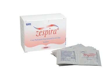 ZESPIRA 4 MG PEDIYATRIK ORAL GRANUL 28 SASE kutusu. Montelukast sodyum içeren saşe. Üretici: BİLİM İLAÇ SANAYİİ VE TİCARET A.Ş.