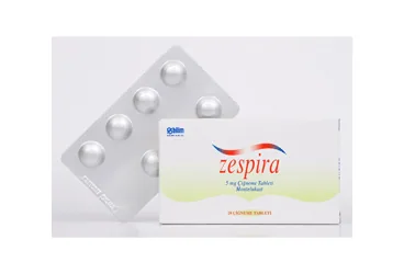 ZESPIRA 5 MG 28 ÇİĞNEME TABLETİ kutusu. Montelukast sodyum içeren çiğneme tableti. Üretici: BİLİM İLAÇ SANAYİİ VE TİCARET A.Ş.