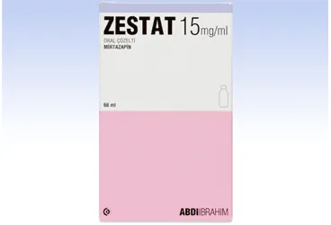 ZESTAT 15 MG / ML ORAL SOLÜSYON ambalajı, solüsyon formunda mirtazapin içerir. Üretici: ABDİ İBRAHİM İLAÇ SANAYİ VE TİCARET A.Ş.